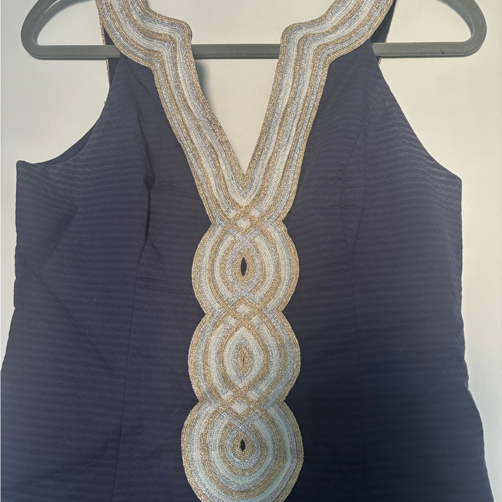Elegant Navy Blue Dress with Gold Accents - Picture 3 of 4